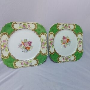 Vintage Floral Green and White Ceramic Plates
